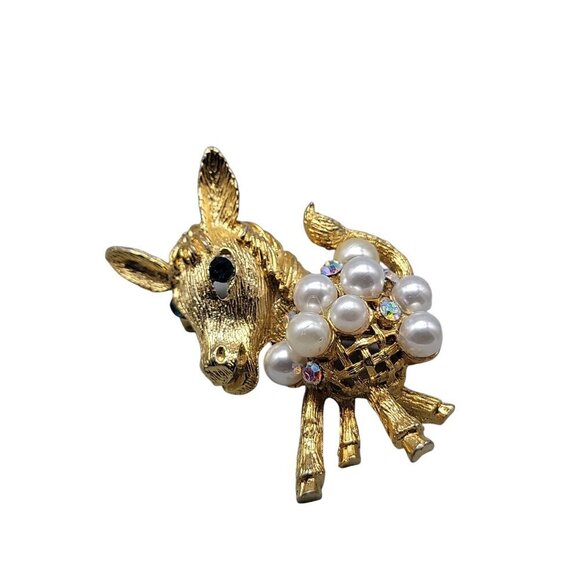 Donkey Brooch Faux Pearl & Aurora Borealis Rhinestone Gold Tone Setting - Picture 3 of 9